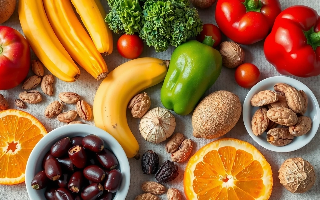 Mesa llena de frutas frescas, verduras y nueces.