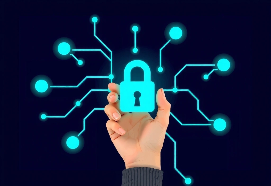 Ilustración de una mano sosteniendo una cookie digital sobre un fondo de circuitos tecnológicos, simbolizando la privacidad y la tecnología.