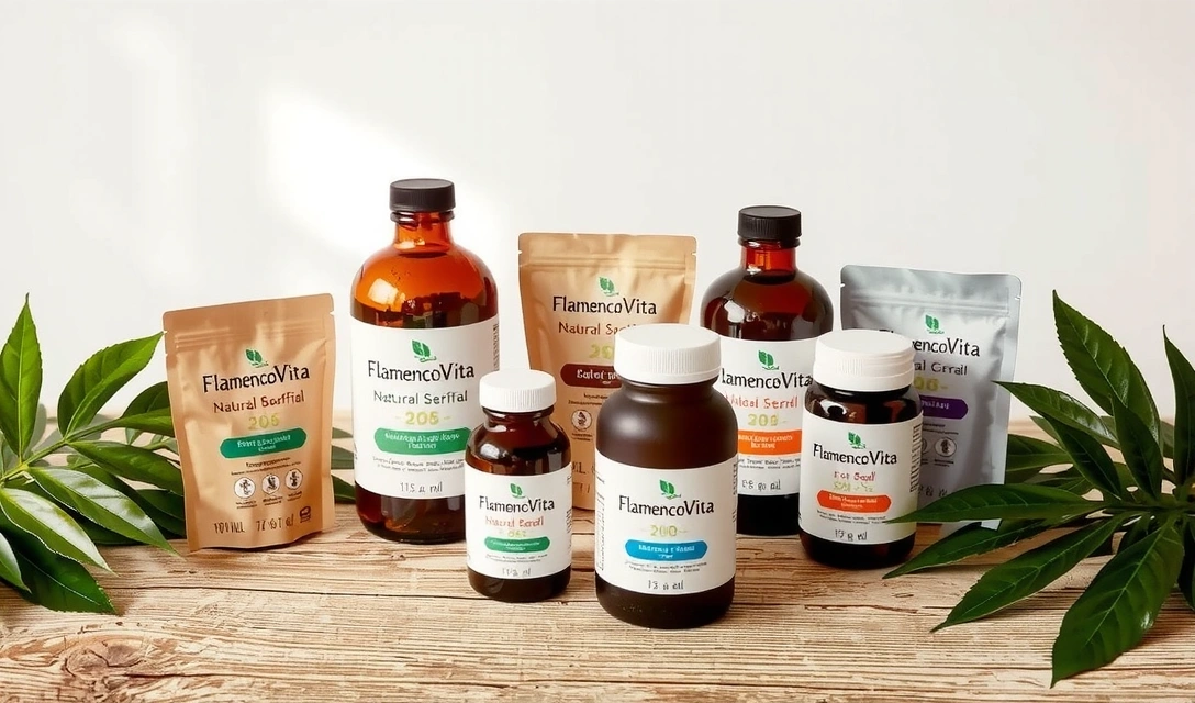 Variedad de productos naturales Flamencovitacz en un entorno sereno con hojas verdes