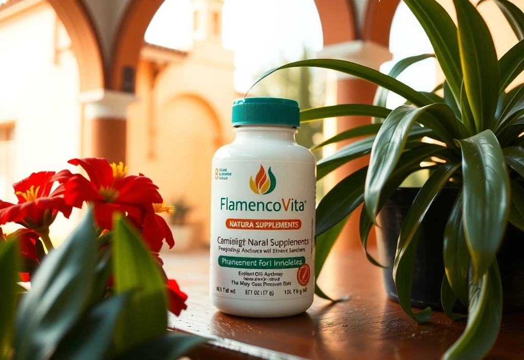 Botella de suplementos naturales de Flamencovitacz en un entorno natural andaluz, con luz cálida y elementos botánicos.