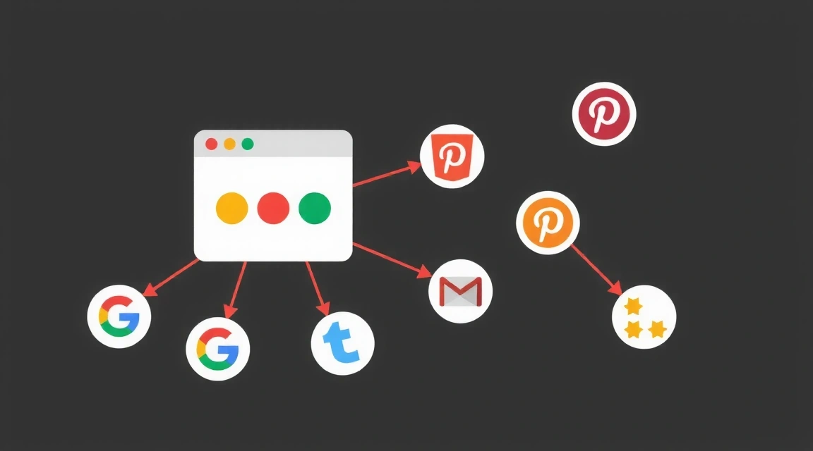 Ilustración de enlaces externos a sitios web de terceros, con flechas apuntando a diferentes iconos de sitios web